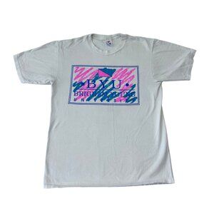 BYU Cougars Vintage 90s T-Shirt Jazz Design Logo Pink Teal Size L White